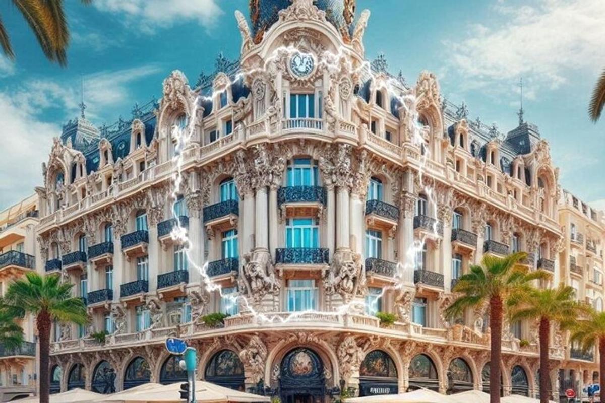 một tòa nhà có đồng hồ ở phía trước