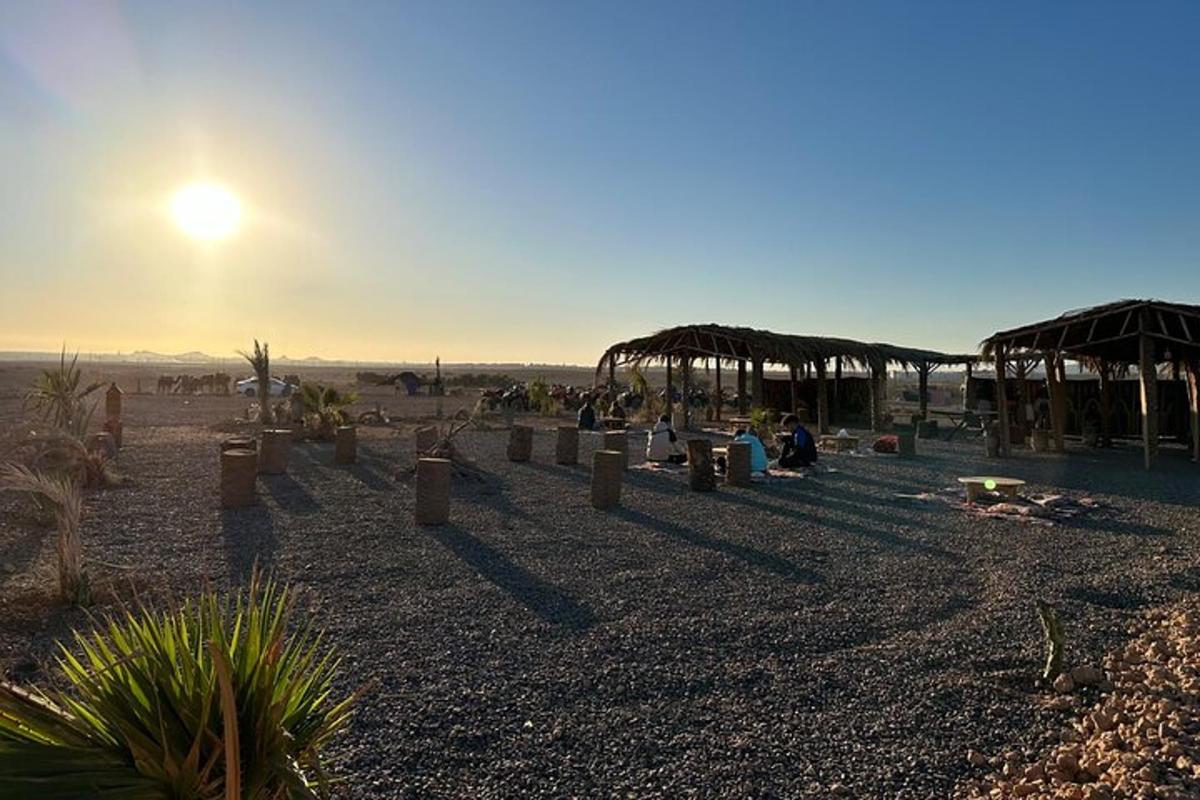 a group of people sitting on a beach with the sun setting