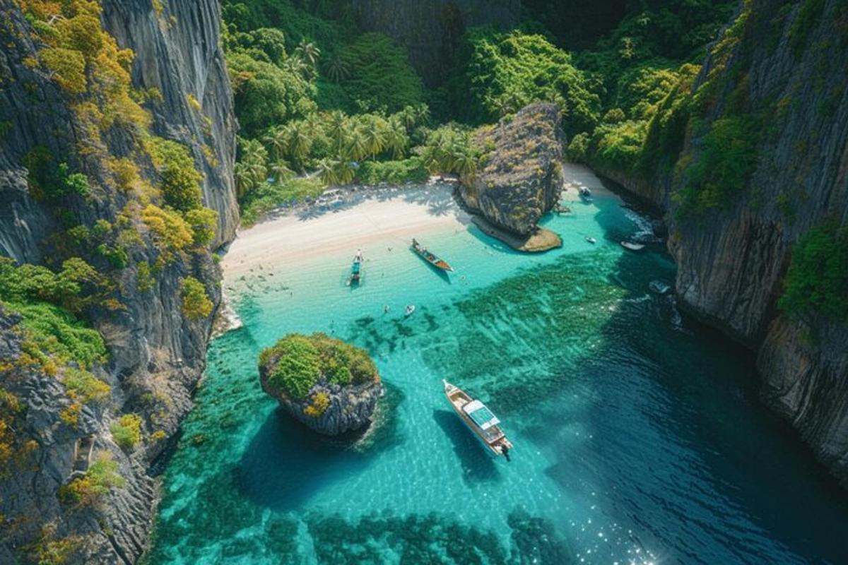 มุมมองทางอากาศของชายหาดที่มีเรืออยู่ในน้ำ