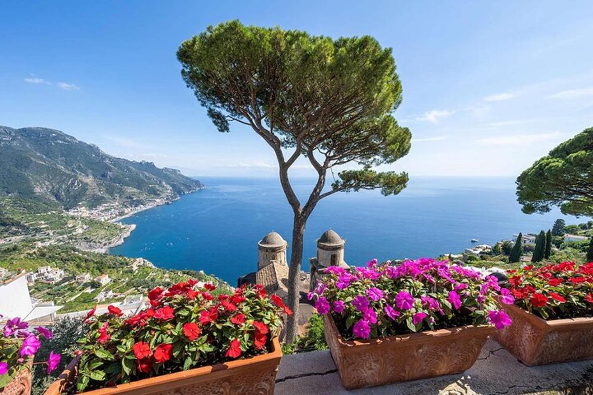ein Blick auf das Meer von einem Garten mit Blumen