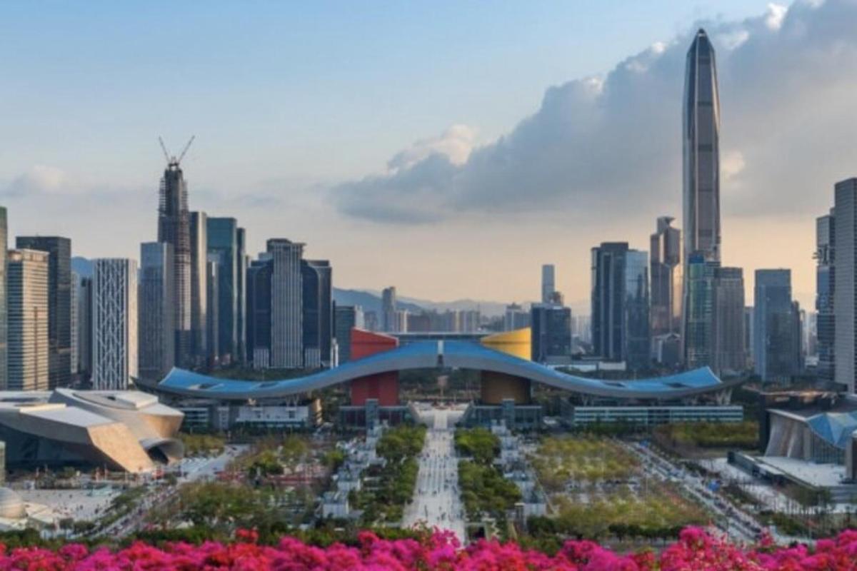 a view of a city skyline with tall buildings