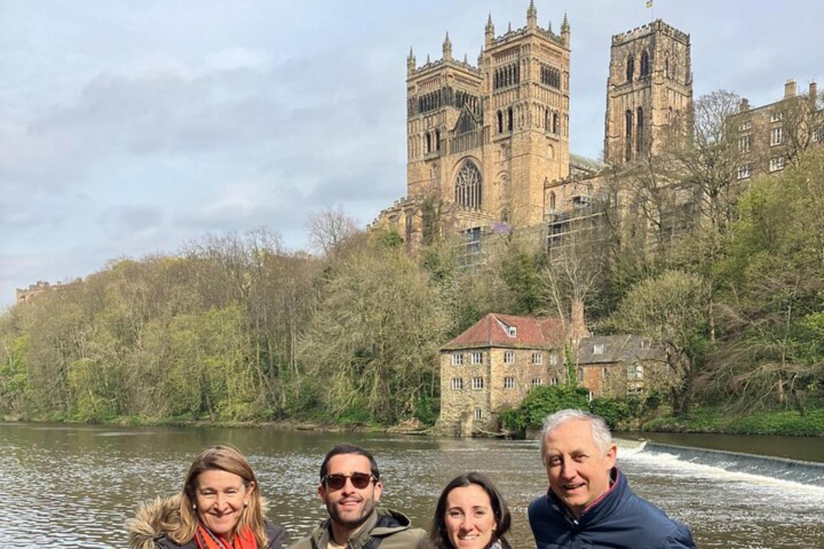 a group of people standing in front of a castle