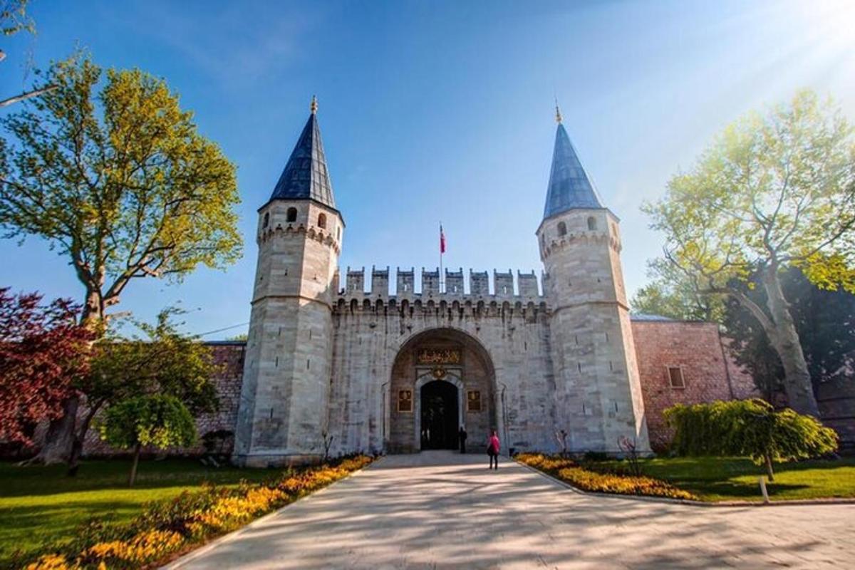 an entrance to a building with two towers