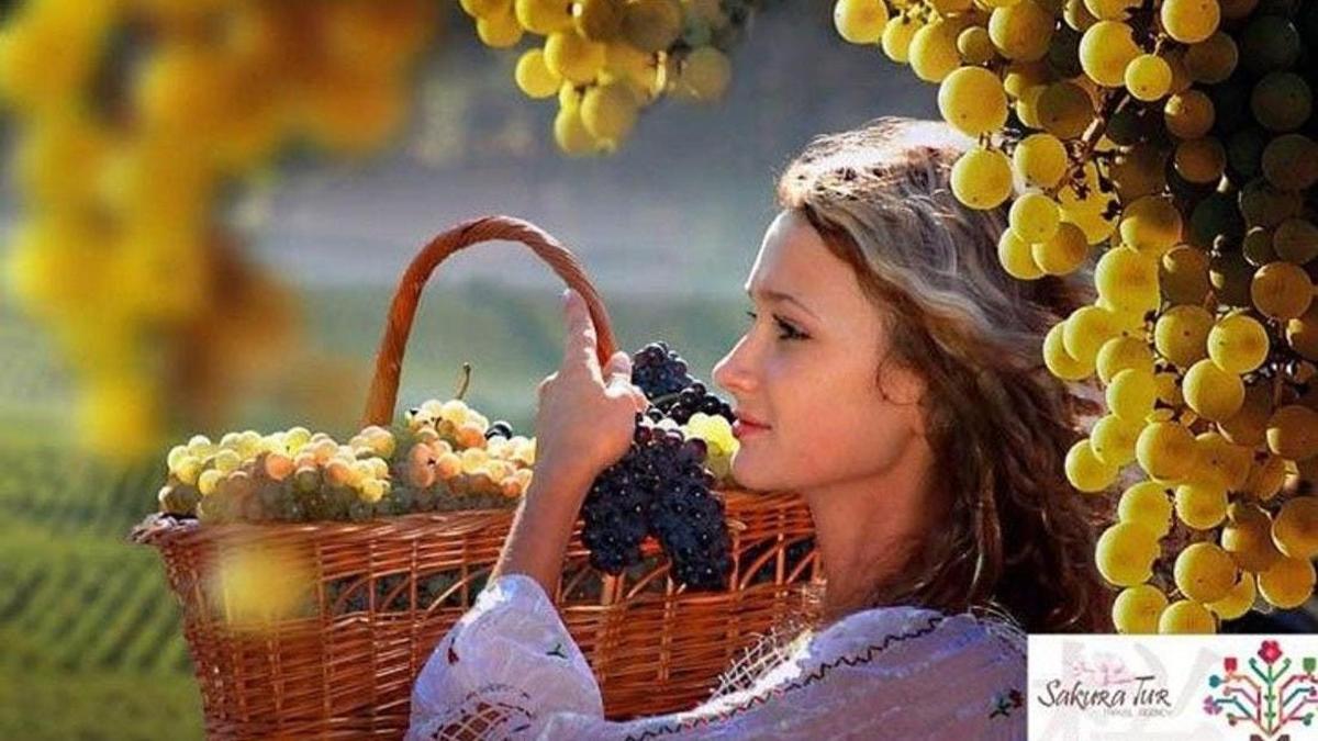 ένα νεαρό κορίτσι με ένα καλάθι με σταφύλια