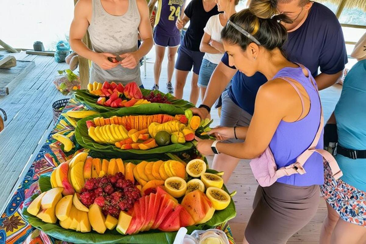 un grup de persones al voltant d'una mostra de fruita
