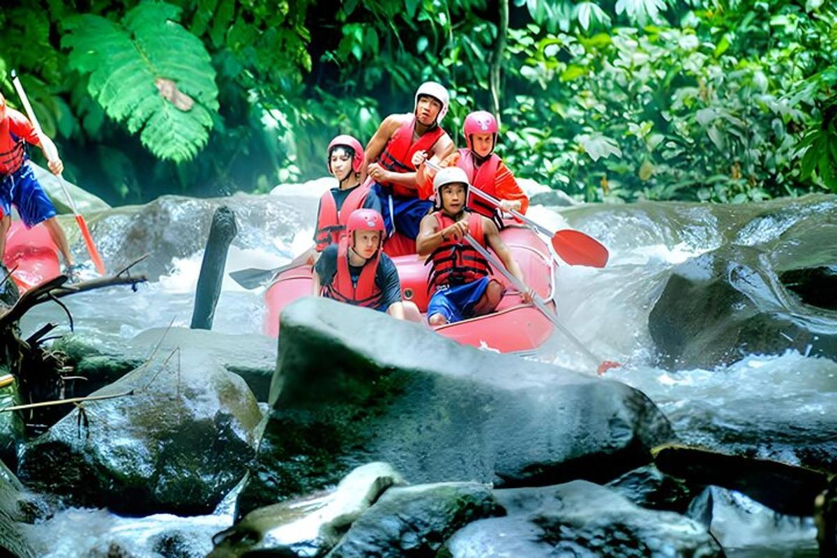 a group of people on a raft in a river