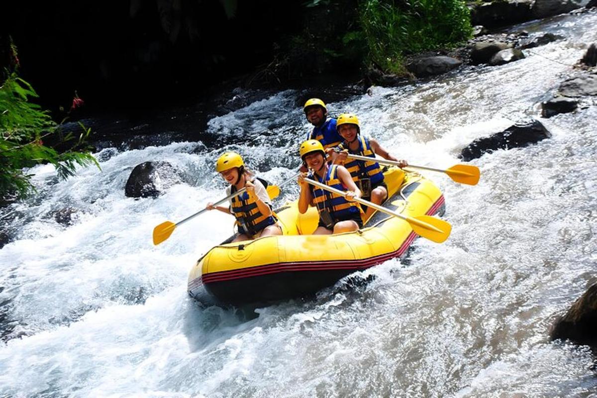 a group of people in a raft on a river