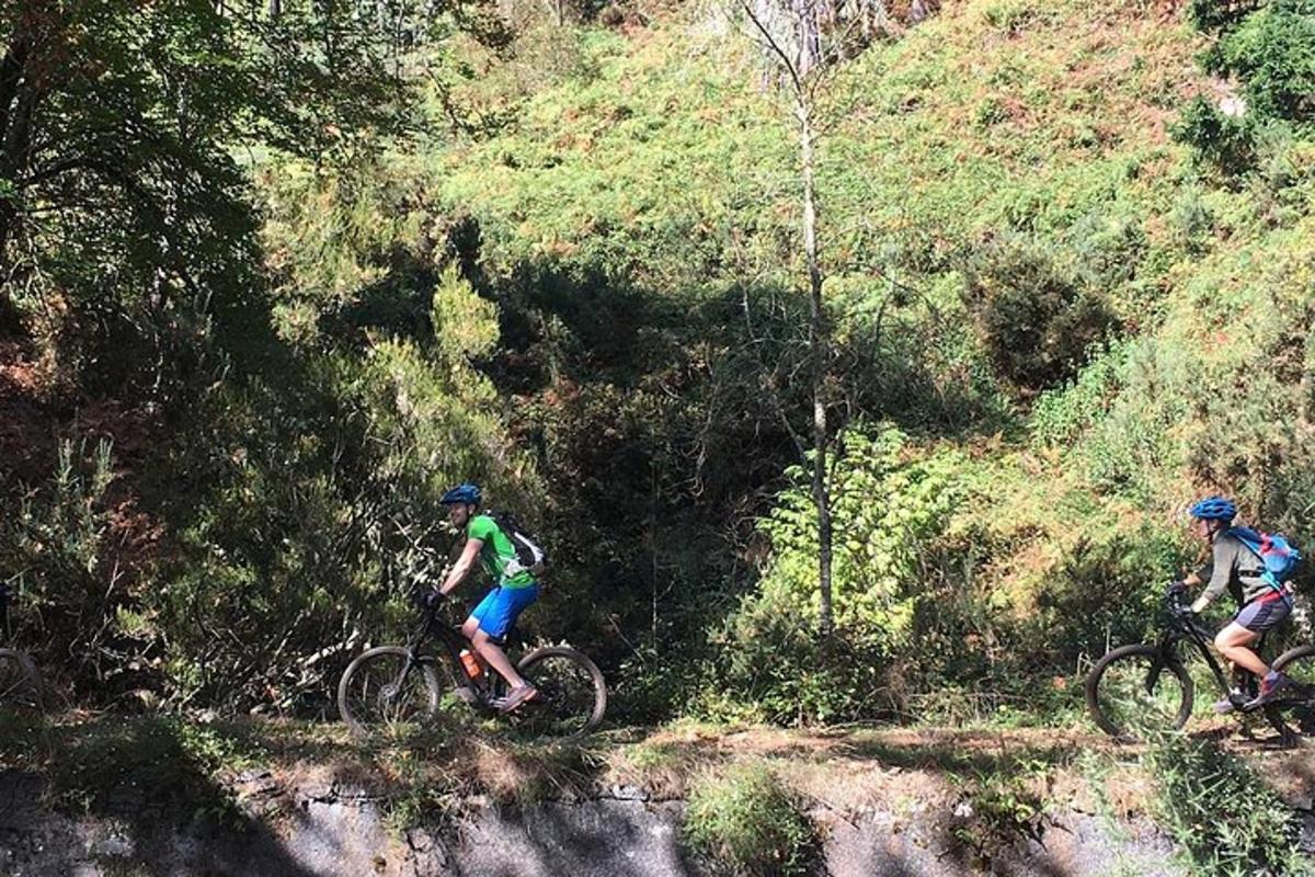 Dos personas bajando una colina en bicicleta