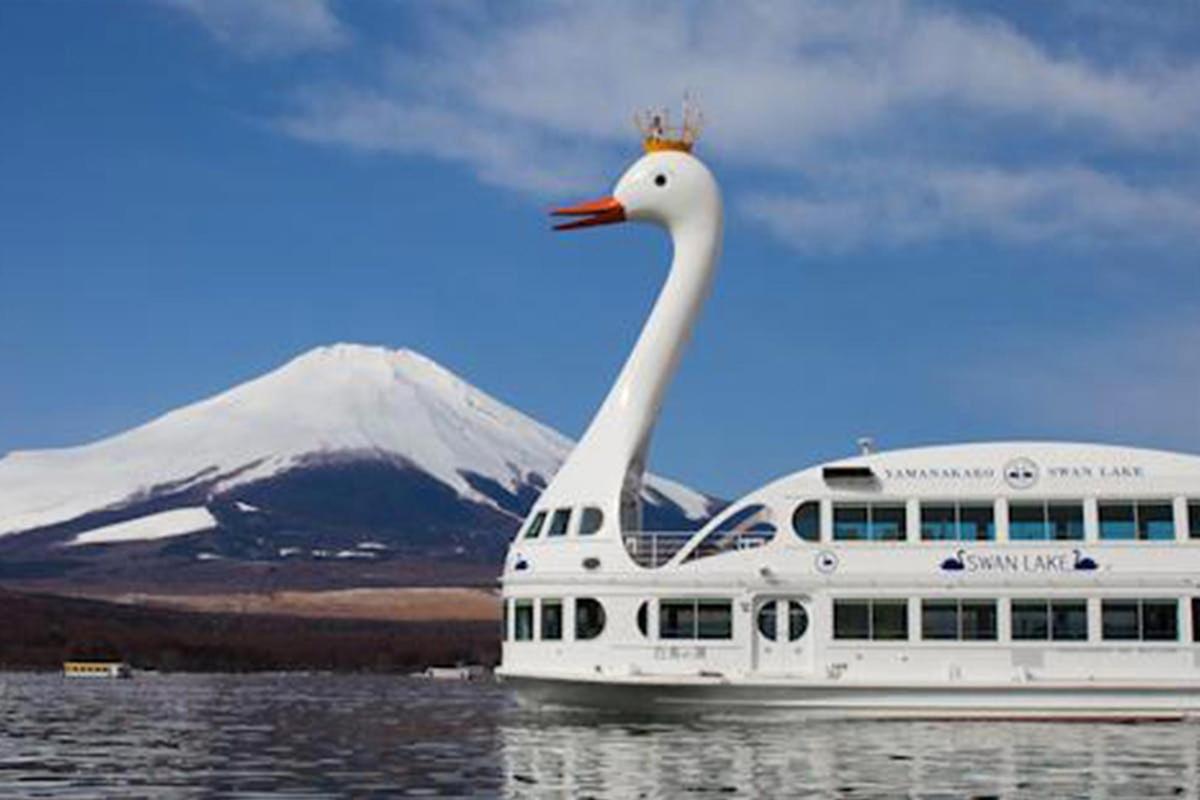 山を背景に水に浮かぶ白鳥のボート