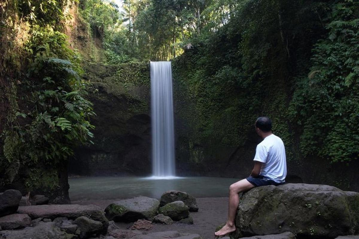 a man sitting on a rock in front of a waterfall