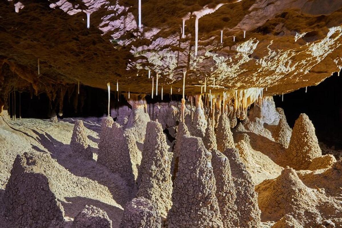 eine Höhle mit Eiszapfen, die von der Decke hängen