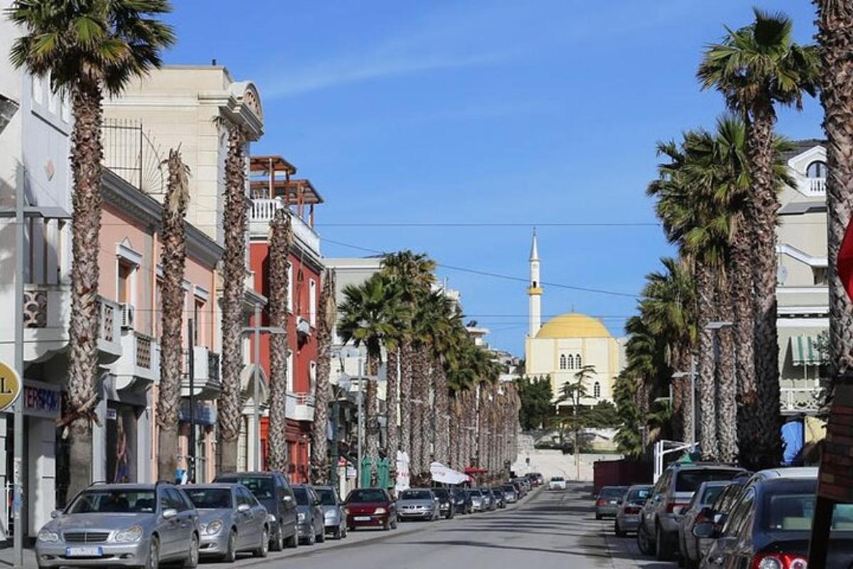 Ένας δρόμος της πόλης με αυτοκίνητα παρκαρισμένα σε έναν δρόμο με φοίνικες