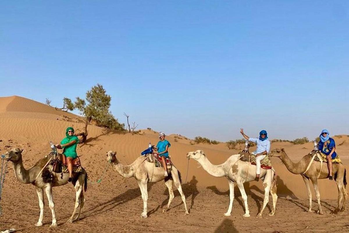 a group of people riding on camels in the desert