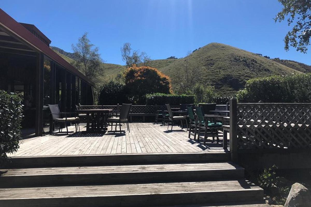a patio with chairs and tables with a mountain in the background