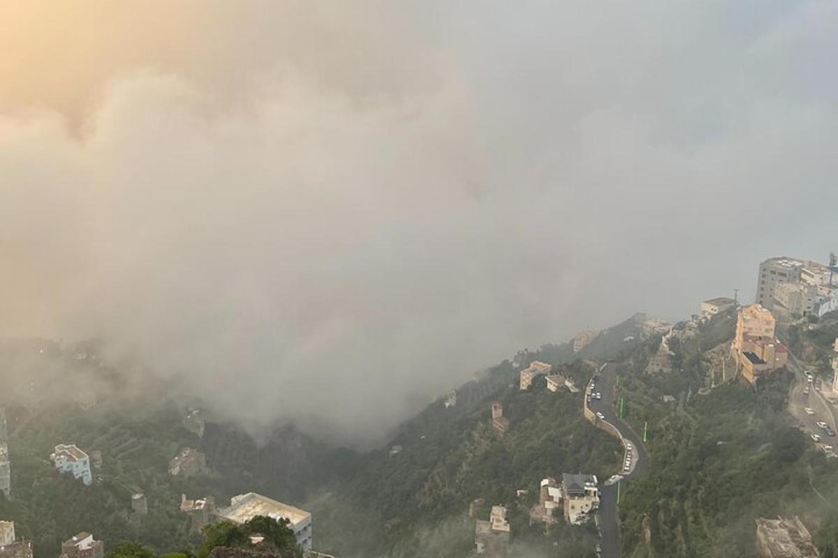 a misty mountain with houses and a road on it