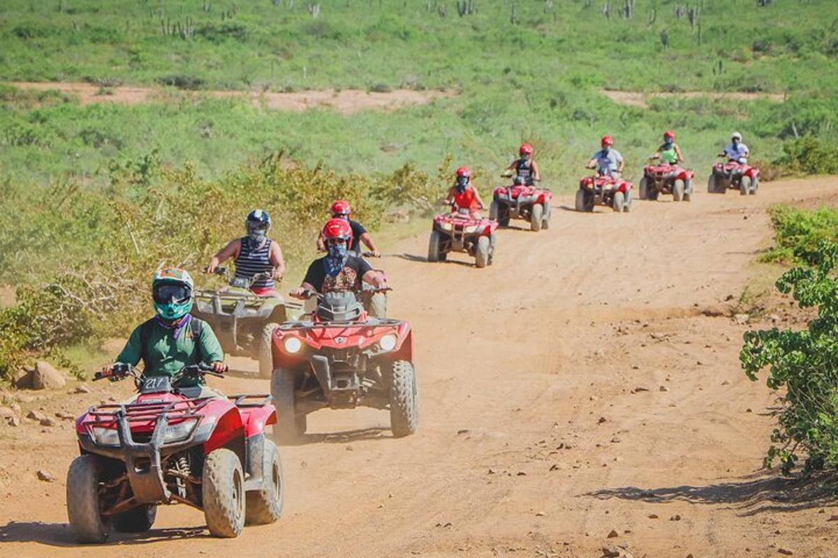 een groep mensen die op een onverharde weg met quads rijden