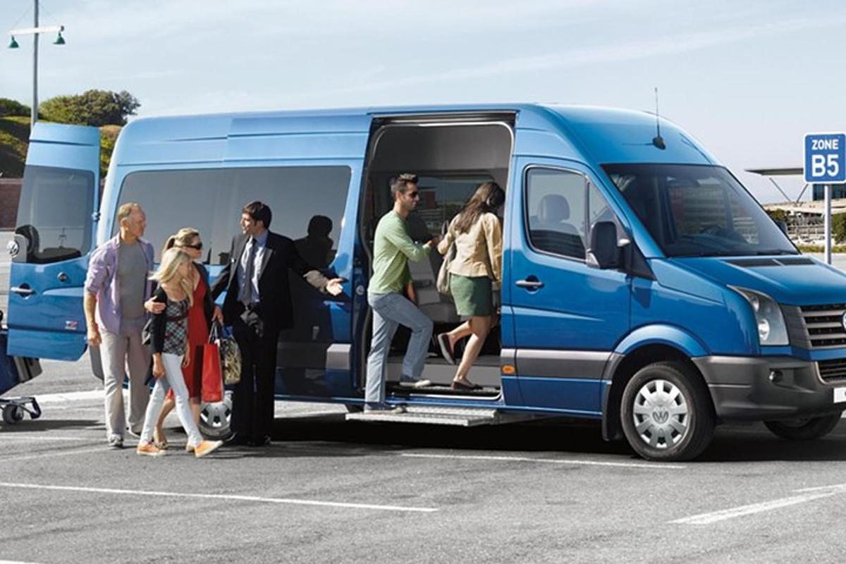 a group of people getting out of a blue van