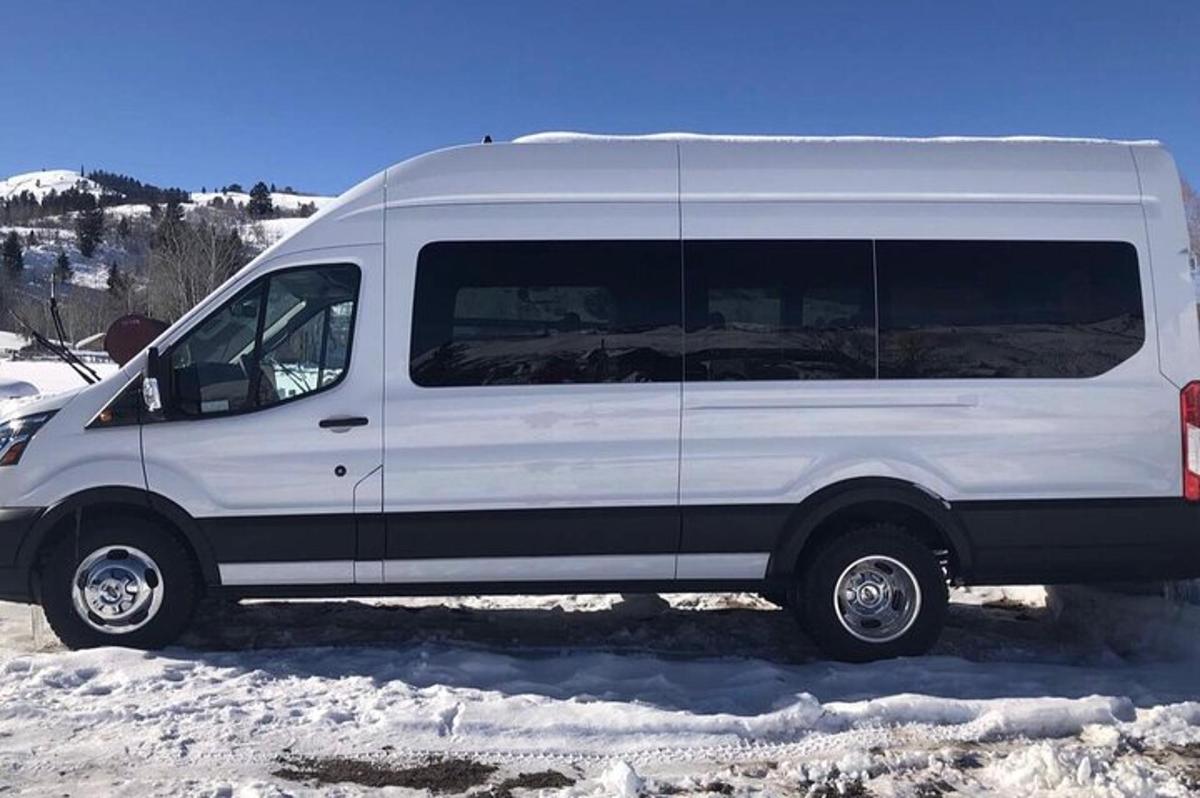 Una furgoneta blanca está aparcada en la nieve