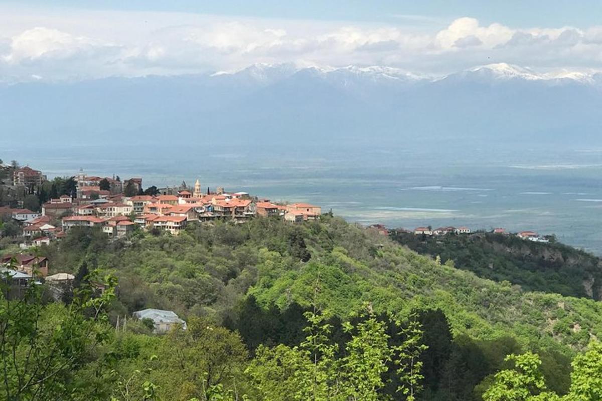 uma cidade em uma colina com montanhas ao fundo