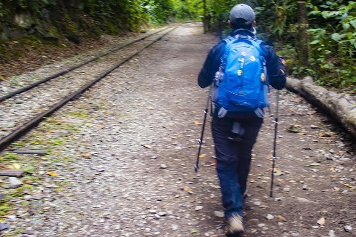 seorang lelaki berjalan menyusuri denai dengan tiang trekking