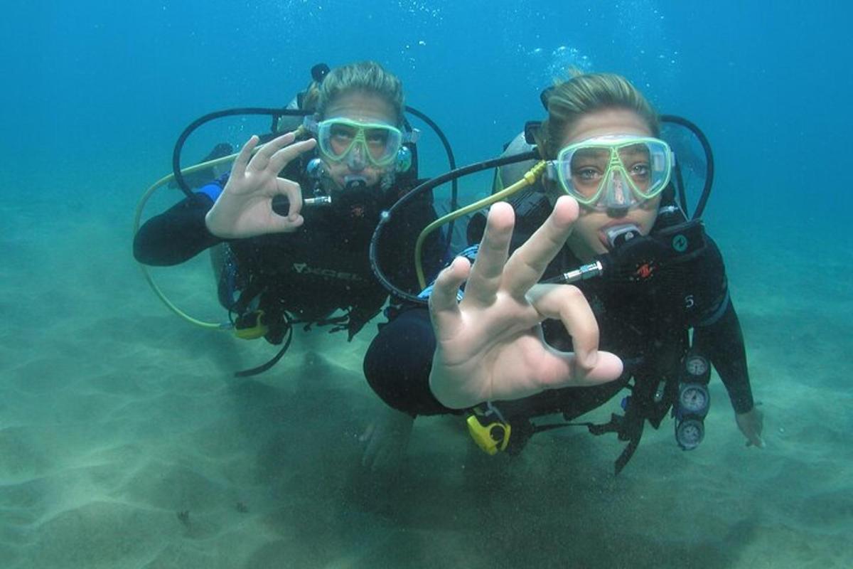 two people making the peace sign while underwater