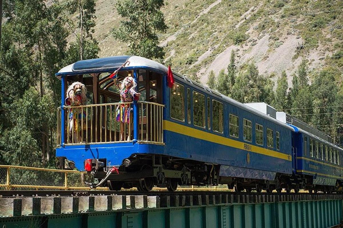 um trem azul com um cachorro ao lado