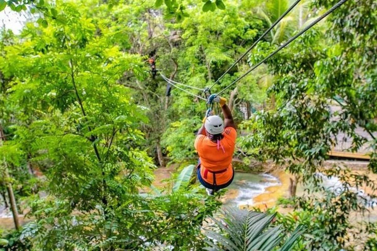 un uomo che percorre una teleferica nella foresta