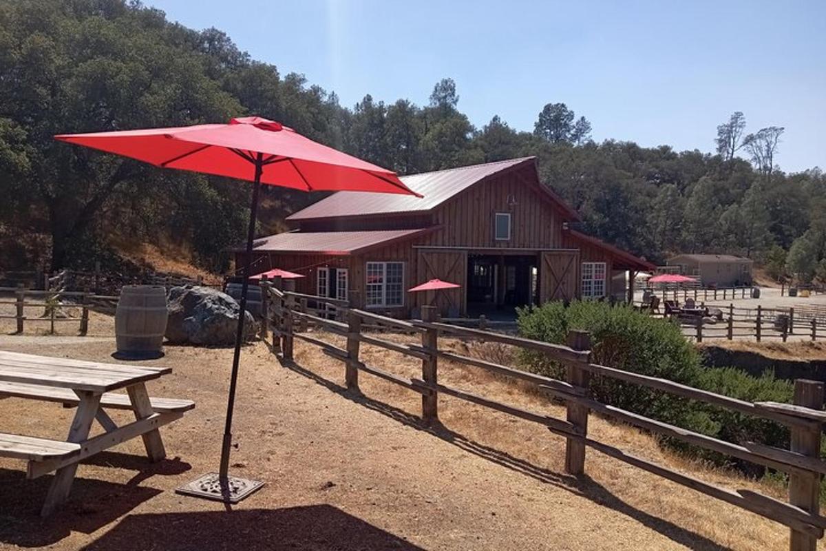 a red umbrella sitting in front of a barn