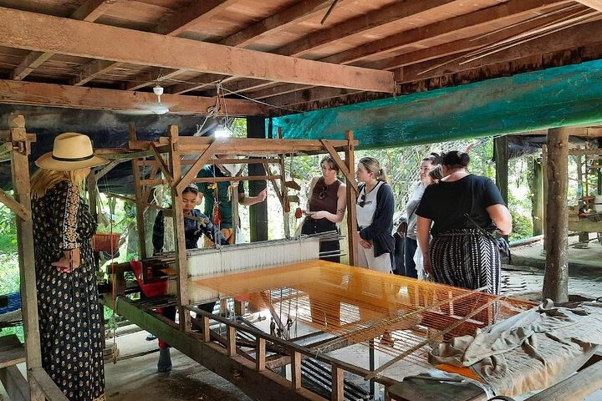 hópur fólks stendur í kringum búr í fjósi