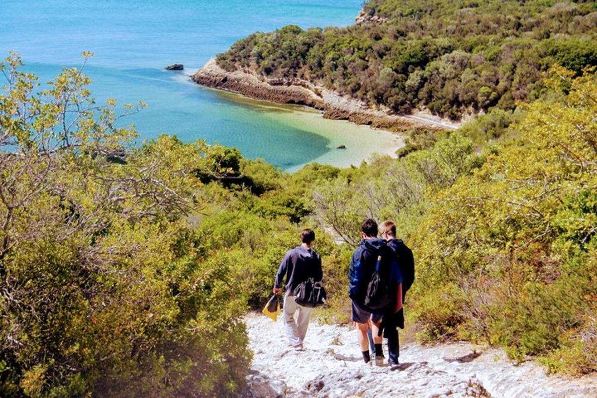 tiga orang berjalan menyusuri denai melihat pantai