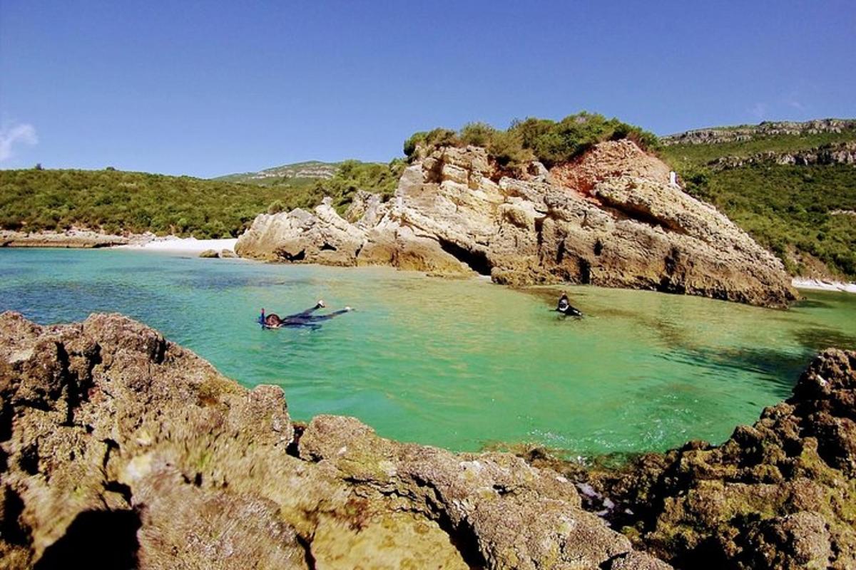 dues persones a l'aigua prop d'una platja rocosa