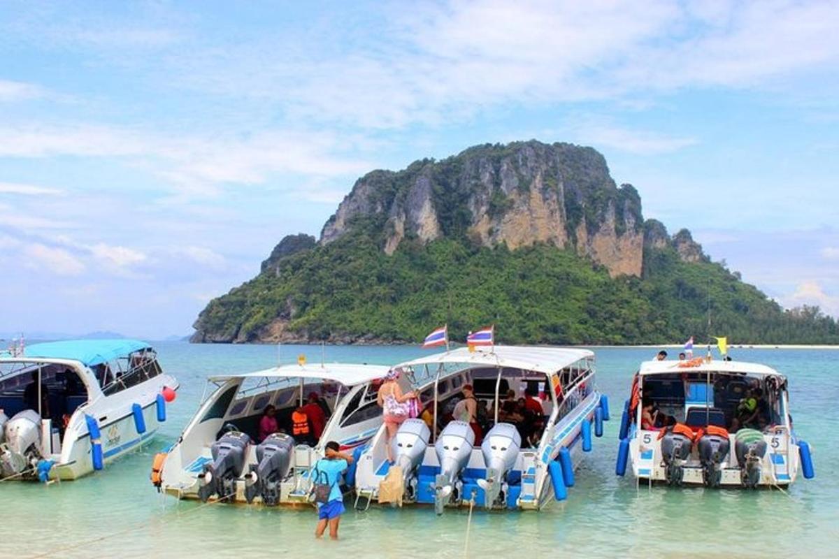 tre autobus in acqua di fronte a un'isola