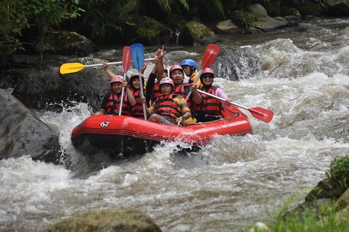 a group of people in a raft in a river