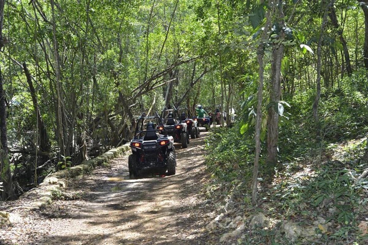 un grup de quatre quads conduint per un camí de terra