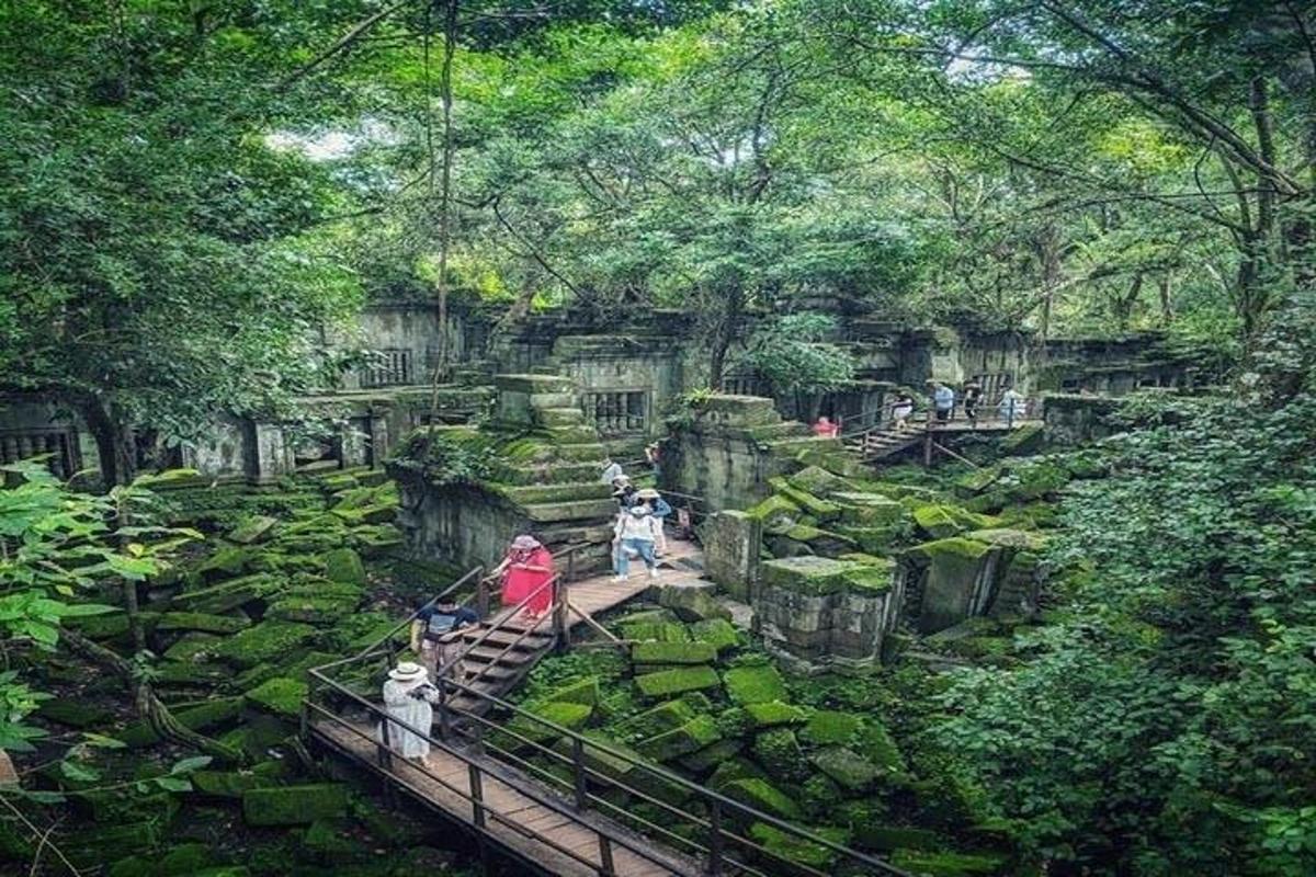 a painting of people walking on a staircase in a forest