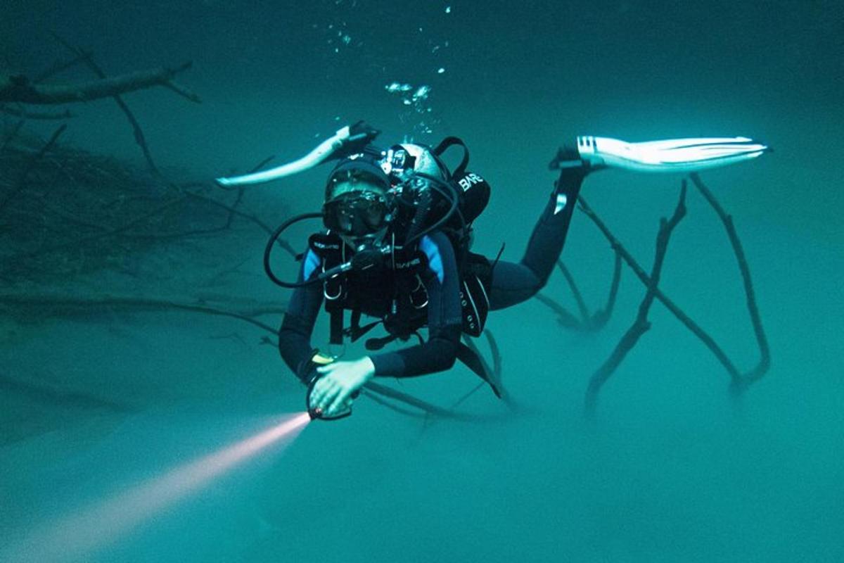 una persona che nuota nell'acqua con una telecamera