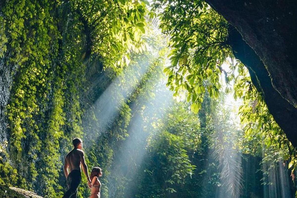een man en een vrouw lopen door een bos