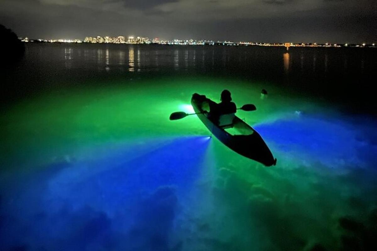 o persoană pe o placă de surf în apă noaptea