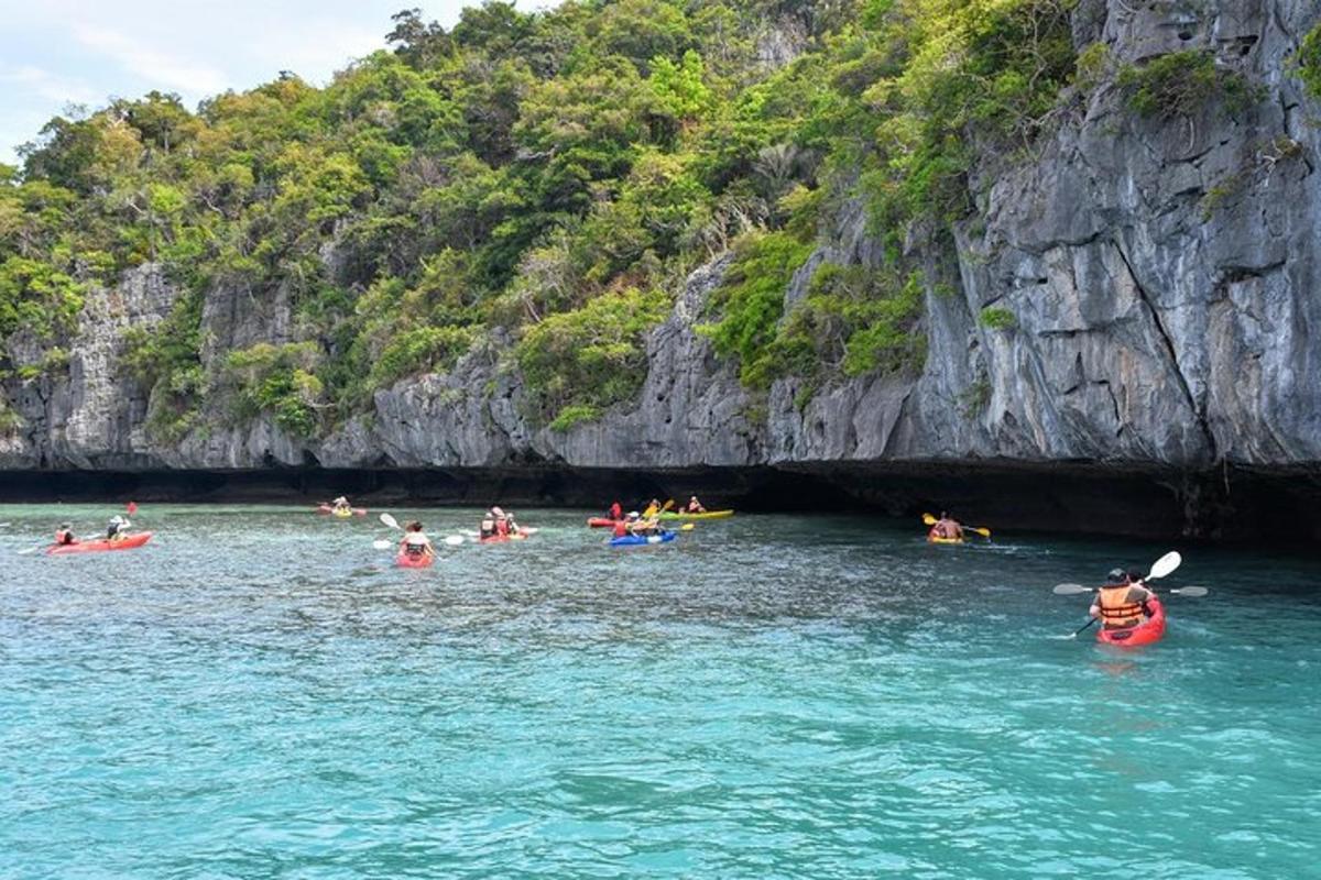a group of people in the water in front of a cave