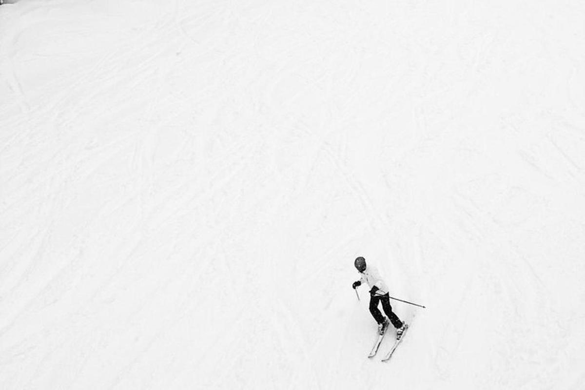 en person står på ski ned ad en snedækket piste