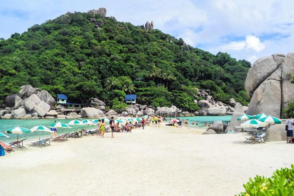 sekumpulan orang di pantai dengan gunung