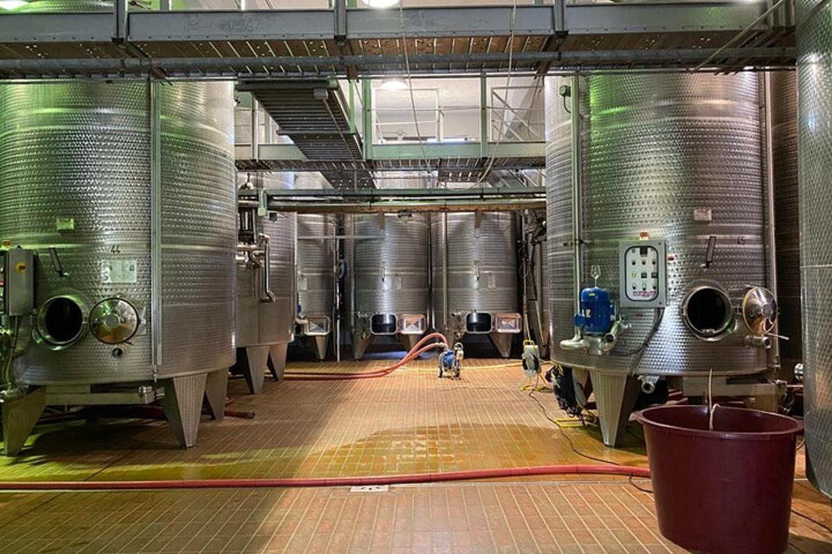 un grande birrificio con due grandi serbatoi d'argento