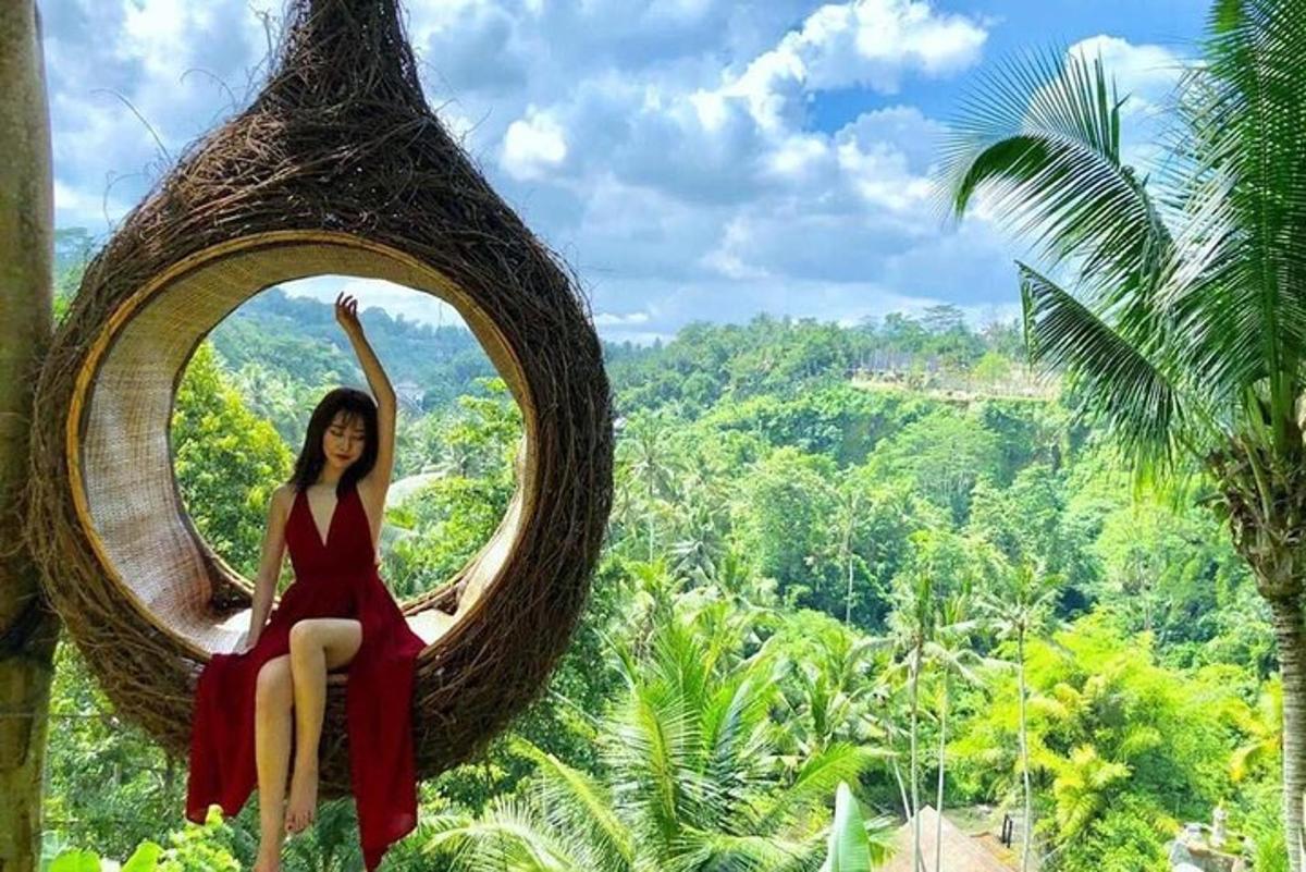 Una mujer sentada en una silla colgante en la jungla.