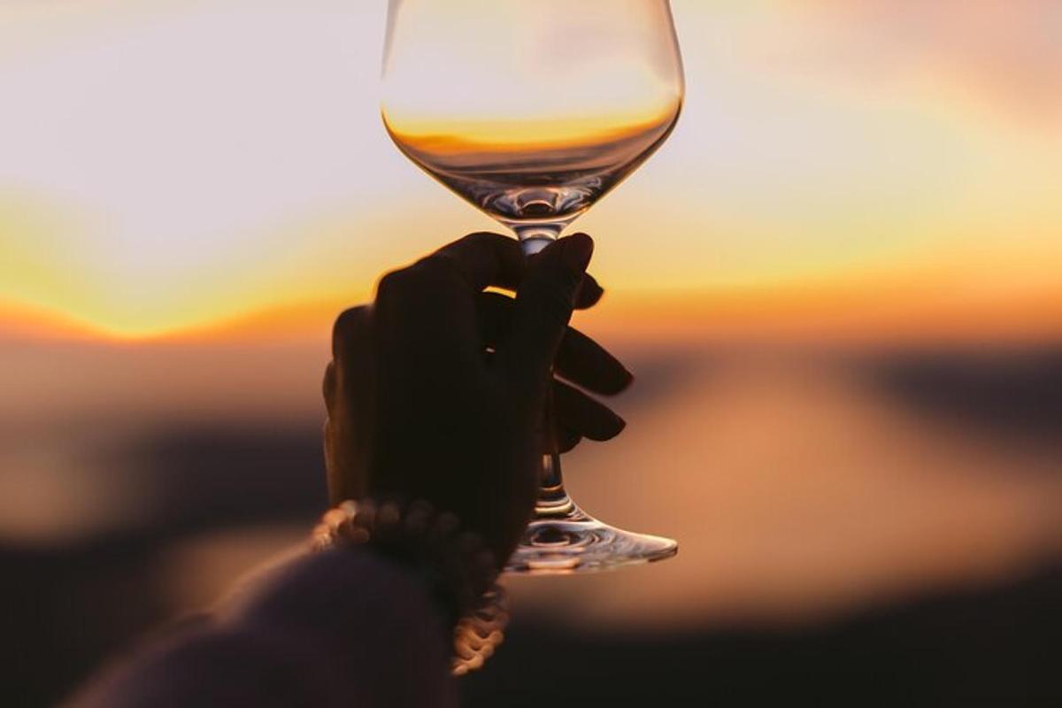 osoba držící sklenici vína při západu slunce