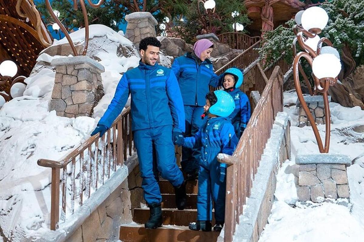 Un grupo de personas bajando escaleras en la nieve.