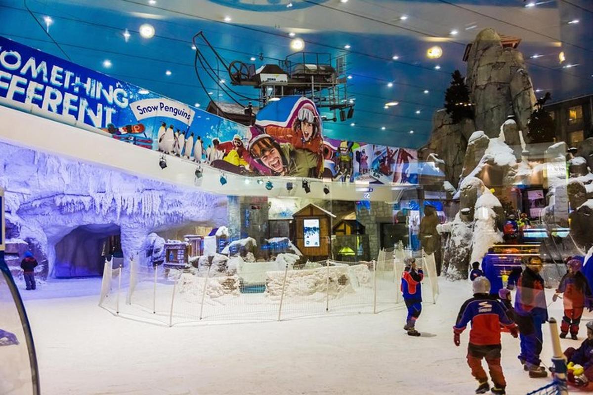 people are walking around a exhibit at a winter resort