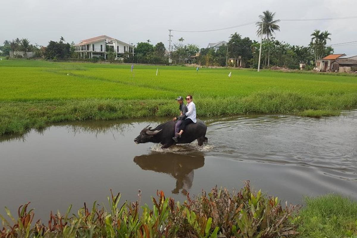 dues persones muntades en un elefant a través d'un riu