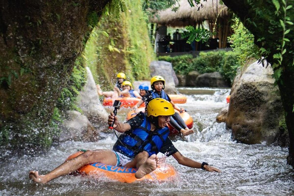 a group of people rafting on a river
