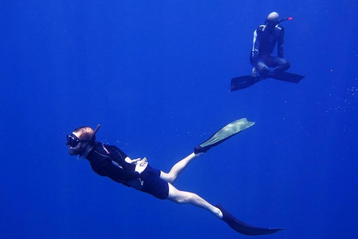 a diver and a man swimming in the water