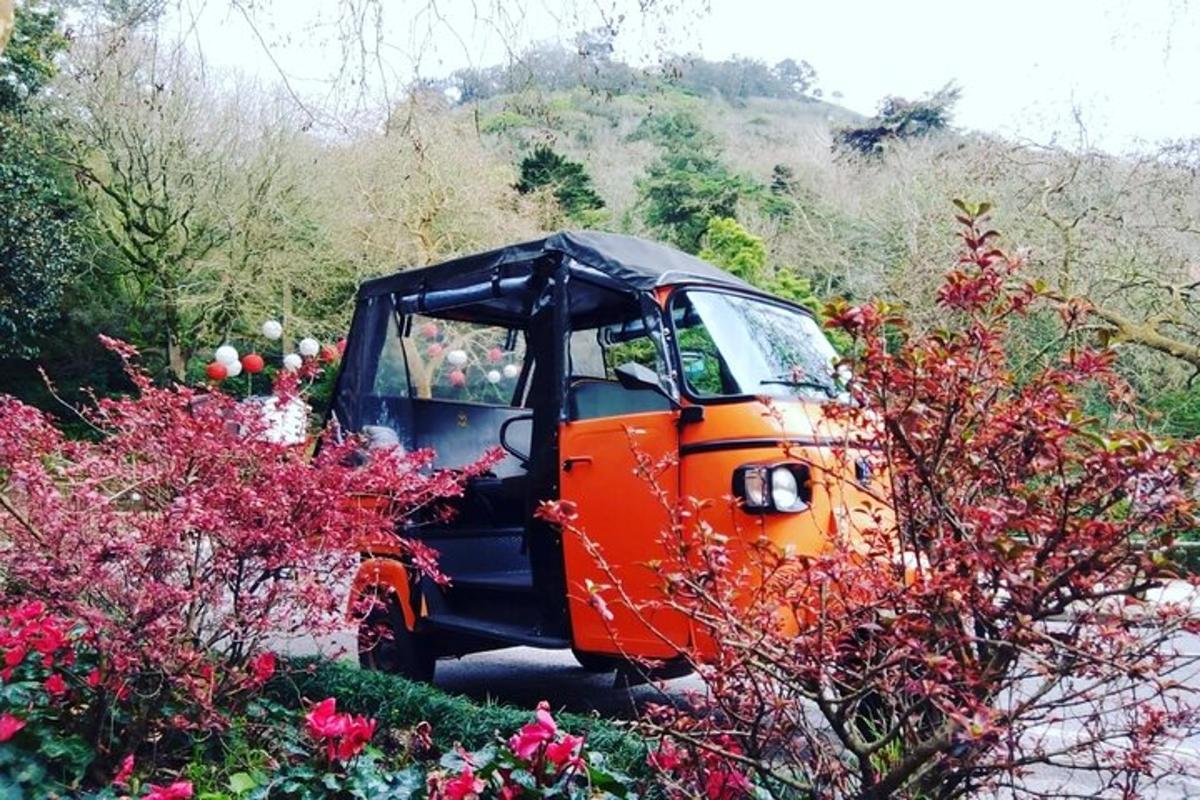 une voiture orange avec une tente dessus